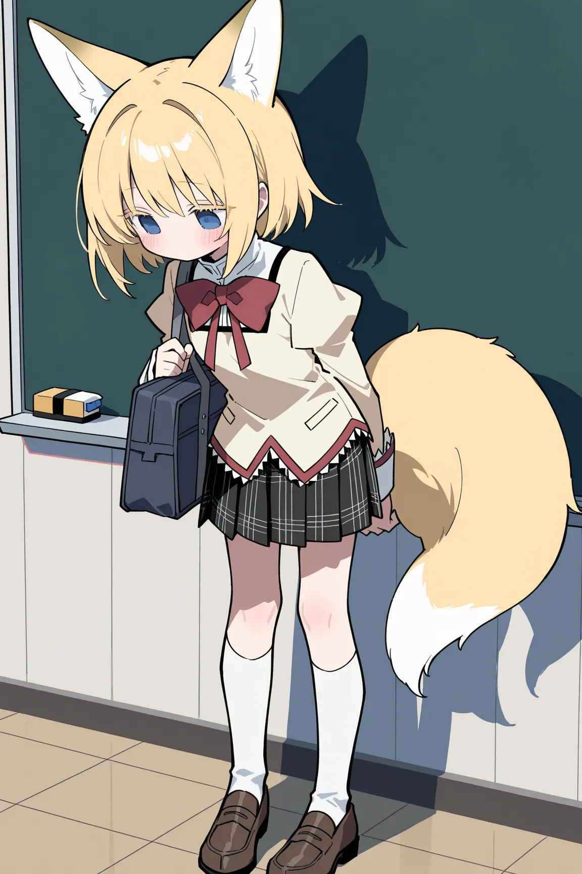 1girl, medium blonde hair, azure eyes, clear and detailed eyes, long eyelash, drooping fox ears, (blush:1.3), no nose, no mouth, mitakihara school uniform, puffy sleeves, lace trim, red bowtie, pleated skirt, plaid skirt, BREAK, (fox tail:1.2), holding sch...