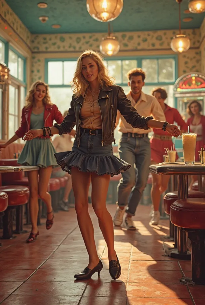 Create a vibrant image of young people dancing to rock 'n' roll at a 1950s diner. The scene should show a group of animated agers, dresses in typical clothes of the time, like leather jackets and round skirts, while dancing on a tile floor. In the backgrou...