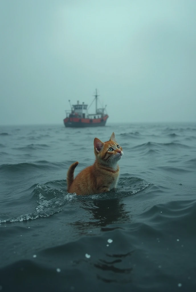 In the distance, a small fishing boat appears, barely visible through the mist and rain. A kind fisherman spots the helpless kitten and quickly maneuvers his boat toward it. The waves make it difficult, but he reaches out his hand. The kitten, scared but h...