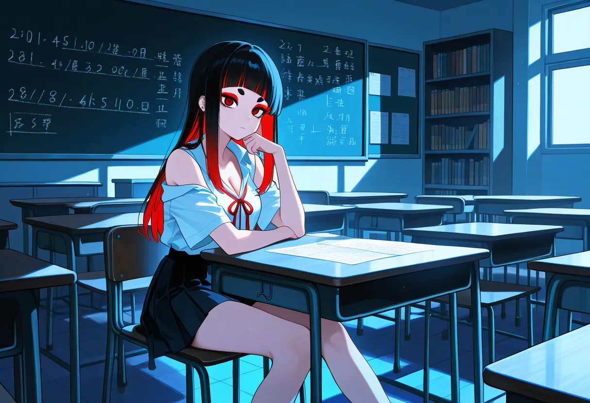 mysterious transfer student, sit on the chair and have a math lesson, classroom, desk and table and blackboard and bookshelf, cool atmosphere, cold lighting, piercing eyes and an air of mystery, wearing a school uniform, sitting at a desk in a dimly lit cl...