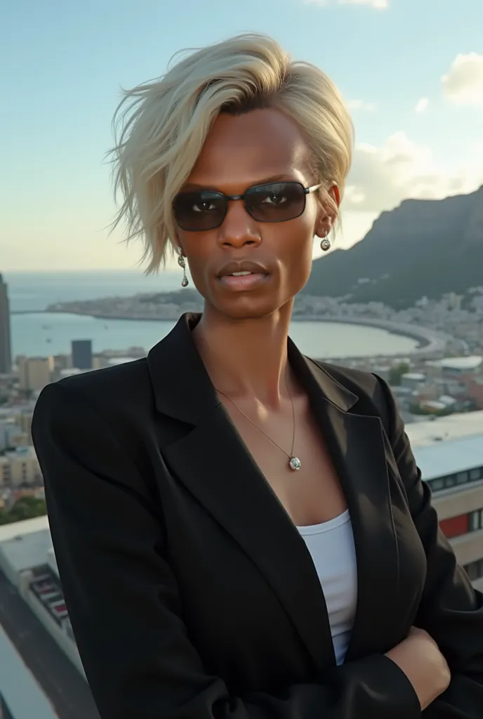 Make a quality photo that look real original face short blonde hair of this image wearing a black suit in South Africa at cape town 