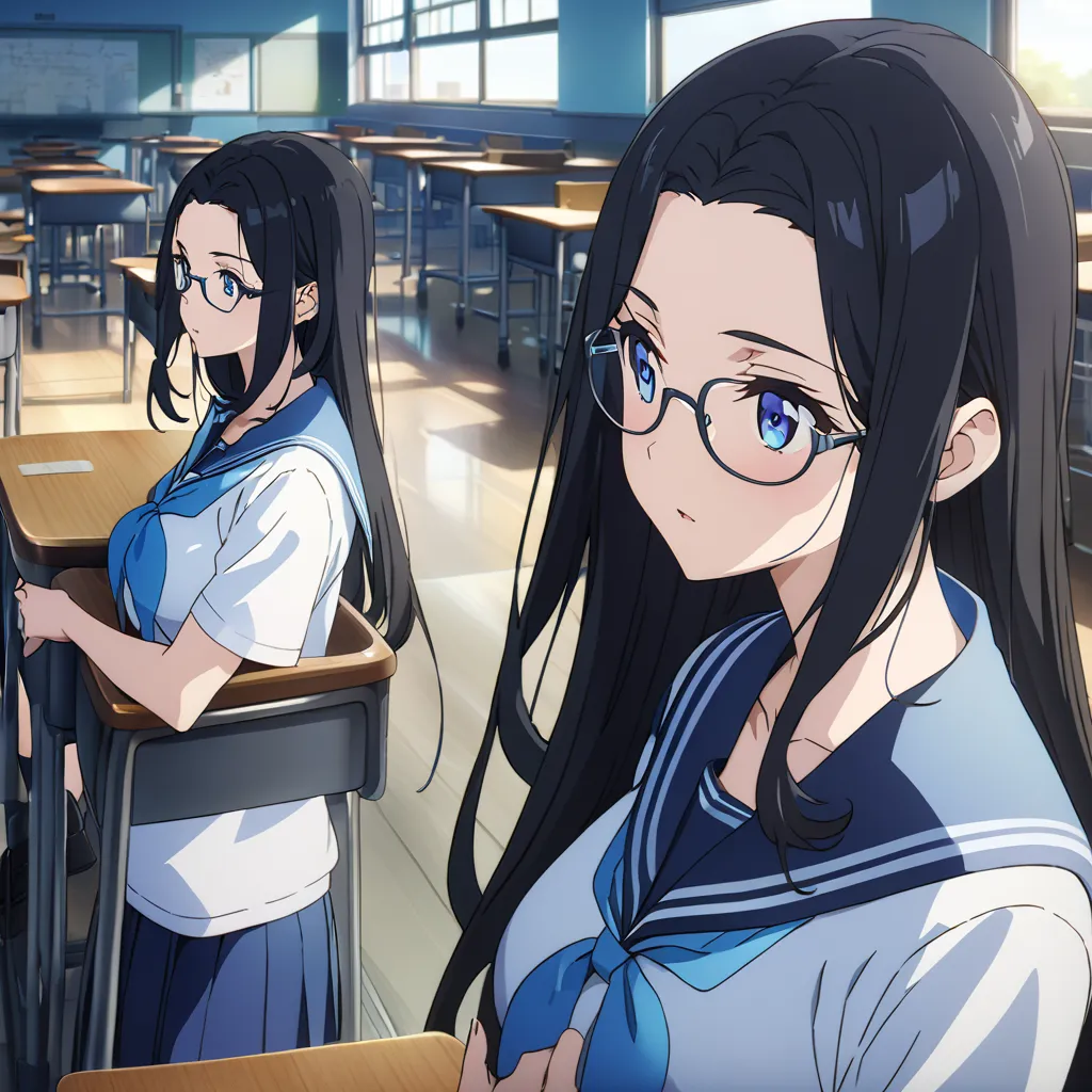 full body,from side,1 girl,blue-rimmed glasses,standing,A dismal expression,looking away,school uniforms,sailor suit,long hair,  black hair, Forehead,Big Breasts,blue eyes,classroom,finely detailed  beautiful face, High Quality ,anime, beautiful, high defi...