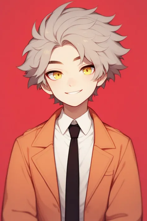  Boy with very short gray hair, coat short and tidy hair, soft hair without tips, upward fringes, hair facing up, tufted forehead, front without fringes,  pale yellow eyes ,  pale skin , Wear an orange coat, white shirt and black tie, wear brown gloves , L...