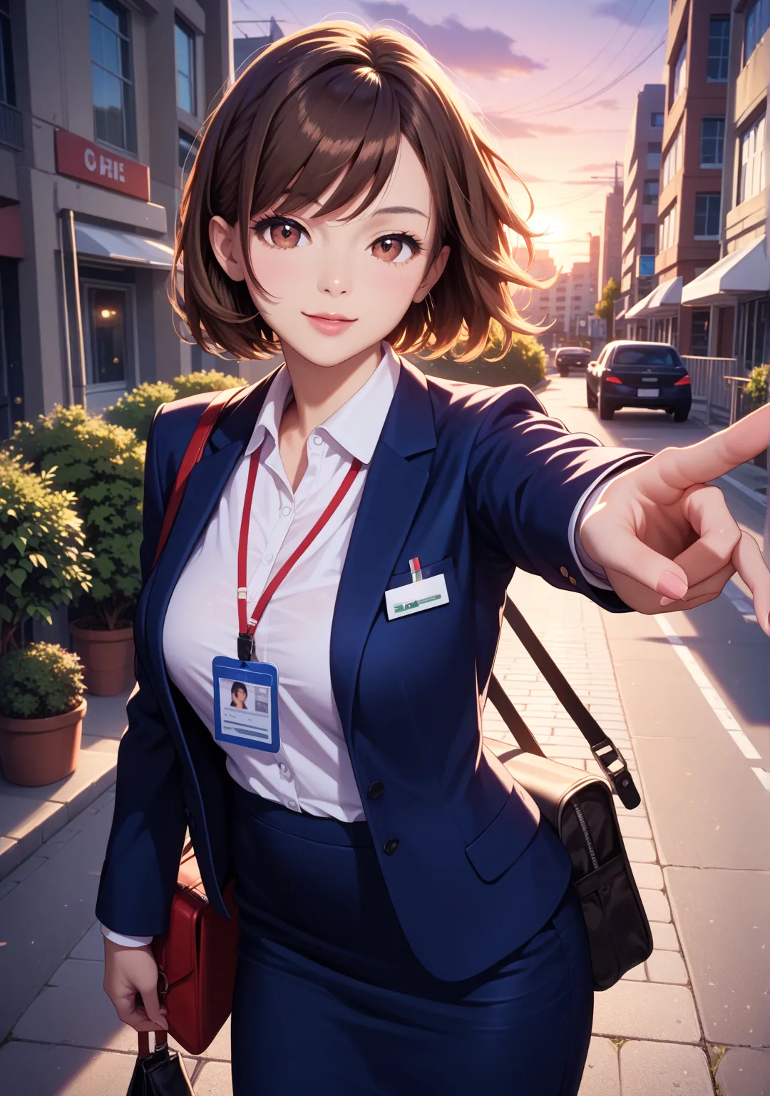  office district,Selfie,nsfw,office lady,one girl,short hair,straight hair ,brown hair,brown eyes,swept bangs,white shirt, dark blue skirt, dark blue blazer,walk,id card holder,bag,evening,outdoor