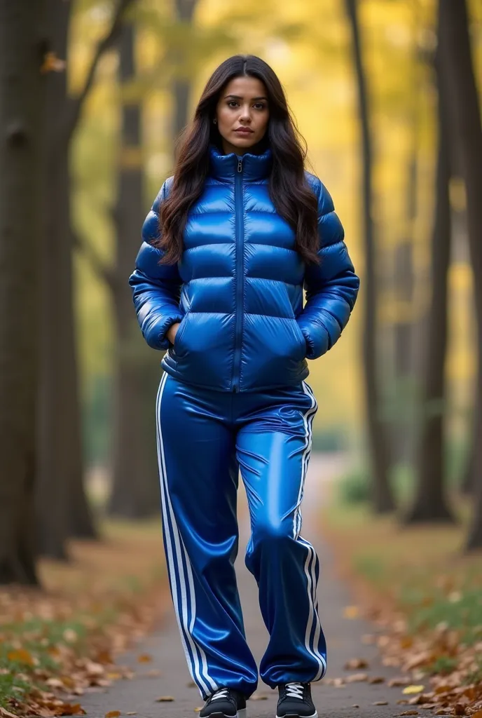 Sexy pakistani woman, blue puffer shiny adidas jacket, blue adidas shiny tracksuit pants, big ass, hourglass figure, slim waist, standing tall, full body view, on the forest path, good lighting, sun is up, light on subject, hands on ass pose, big sexy ass,...