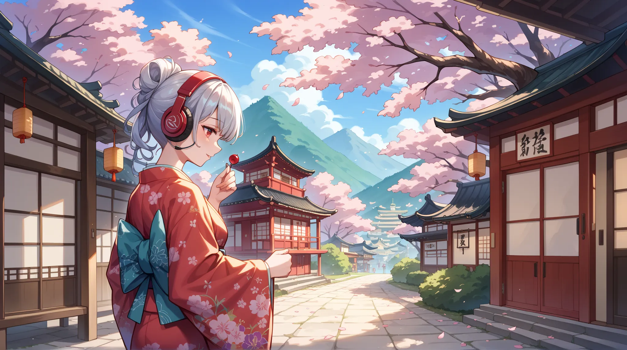 A girl in a kimono with silver hair and headphones is taking a walk in a rural Japanese town with cherry blossoms