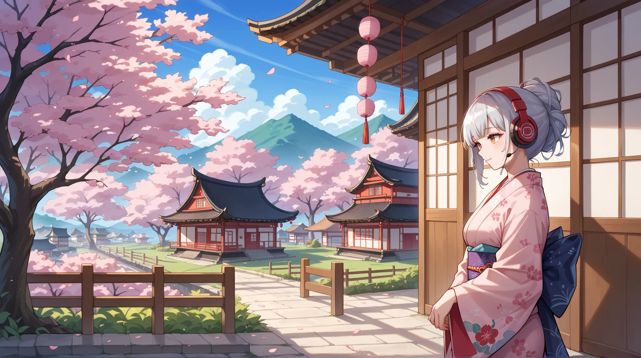 A girl in a kimono with silver hair and headphones is taking a walk in a rural Japanese town with cherry blossoms