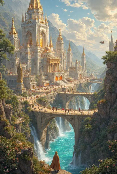 Fantasy capital city of DawnValley, a radiant metropolis of gleaming white marble and gold, nestled in a lush valley. Towering spires and domed palaces glow with magical energy, including the grand royal palace in the background—a colossal structure with c...