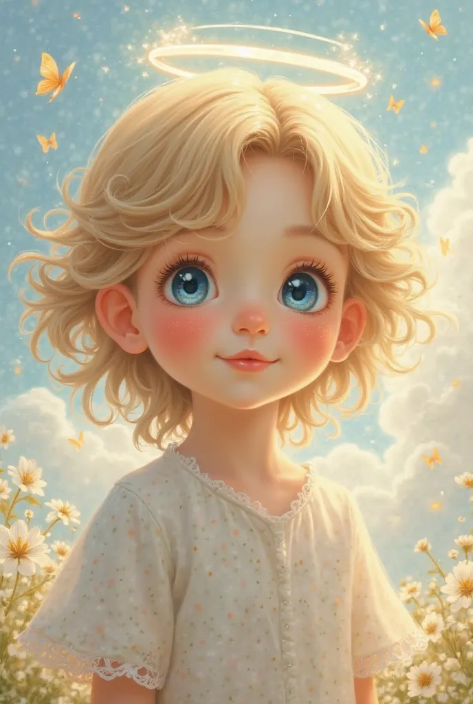 Create a sweet-looking boy, of long blond hair , with some waves,pure blue eyes 