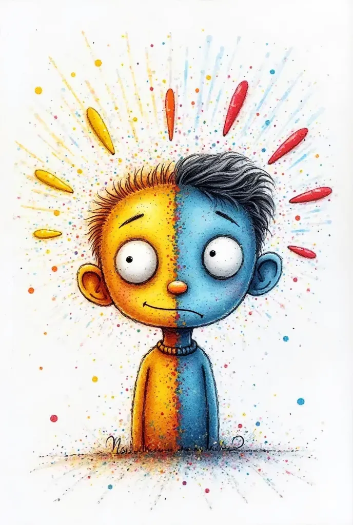 "Create a scratch-art-style illustration featuring two cartoon characters representing the dual nature of reality. One character embodies happiness, with a bright, cheerful expression, while the other reflects sorrow, appearing sad and contemplative. Use b...