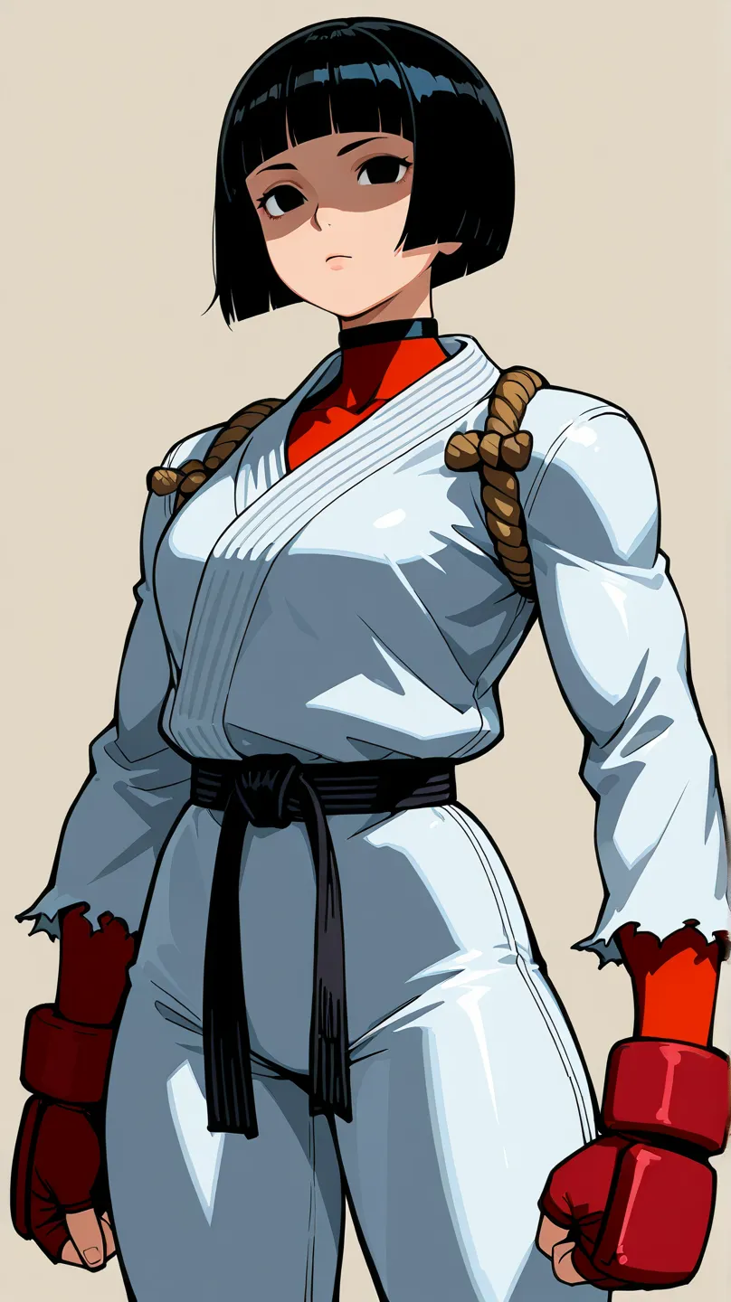 Ryu (Street Fighter), neutral, expressionless, standing, looking at viewer, (((blunt cut, bob, blunt bangs, bob cut))), wiry, gloves, choker, body suit,,Shaded face, cowboy shot, rolling eyes, no pupils, 1girl, solo,