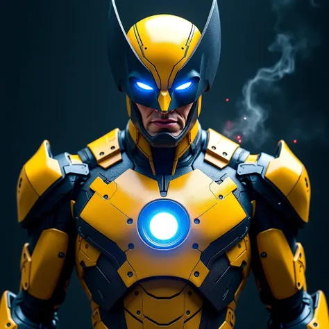 An ultra-realistic version of the Iron Man inspired by Wolverine, combining advanced technology with the ferocity of the mutant. The metallic suit has an iconic color scheme: Vibrant yellow as the main color, with details in dark blue and black for an aggr...