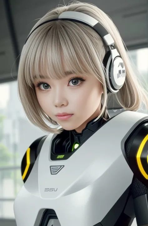 Closeup portrait of a woman wearing headphones in a futuristic suit, かわいいcyborg girl,  pretty girl Cyborg,  PERFECT ANDROID GIRL , cyborg girl,  animated portrait of a space student girl , cyborg girl, PORTRAIT BEAUTIFUL SCI-FI GIRL , Mecha Cyber Armored G...