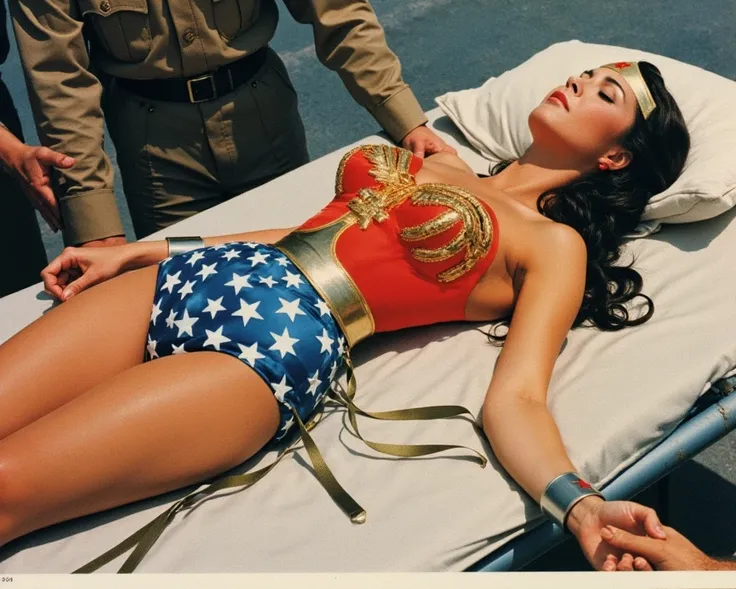 ((( Sexy Wonder Woman、   Linda Carter ))、((Wonder Woman, who was stunned by chemicals, was put to sleep in a careful state with her back stretched and put on a stretcher、carried by 2 Nazi soldiers))、Lying straight without moving  ((Please draw Wonder Woman...