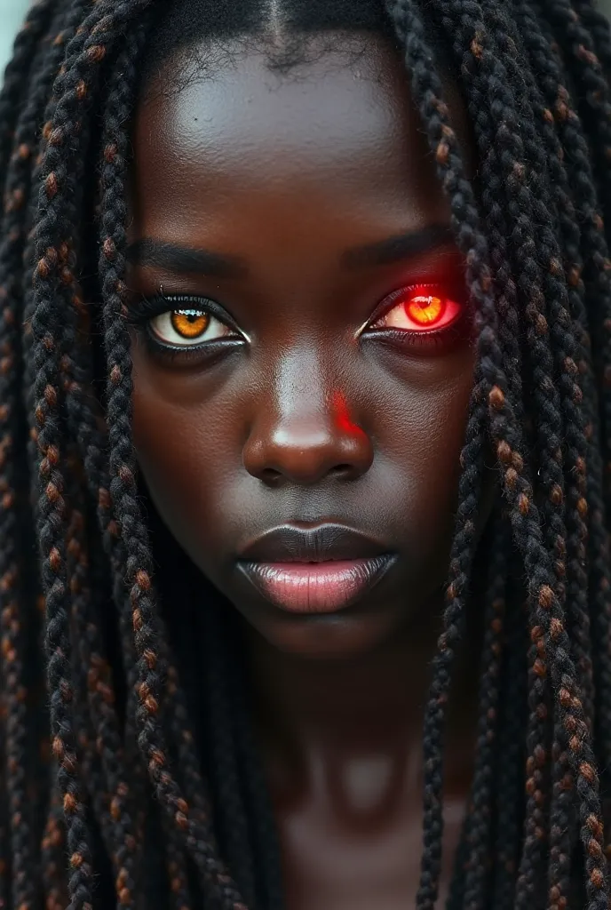 a black character with heterochromia vitiligo (one eye yellow amber and the other red scarlet) e com dreads longos obs: Make an image from the neck up