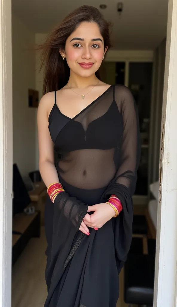 Create an image of an  indian girl of fair white skin tone wearing a black color transparent saree tucked in very low hip and thin strap velvet blouse standing in the front door of her bed room, she has a round face, long hair that is flowing with wind, be...