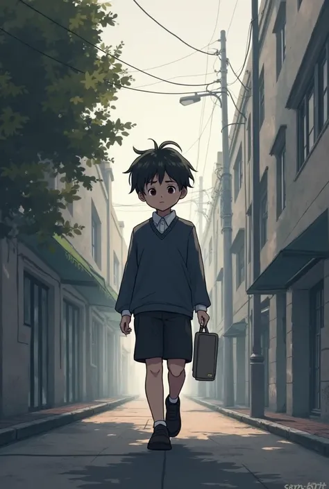 A boy wearing uniform and walk alone sad and handing sketch book 