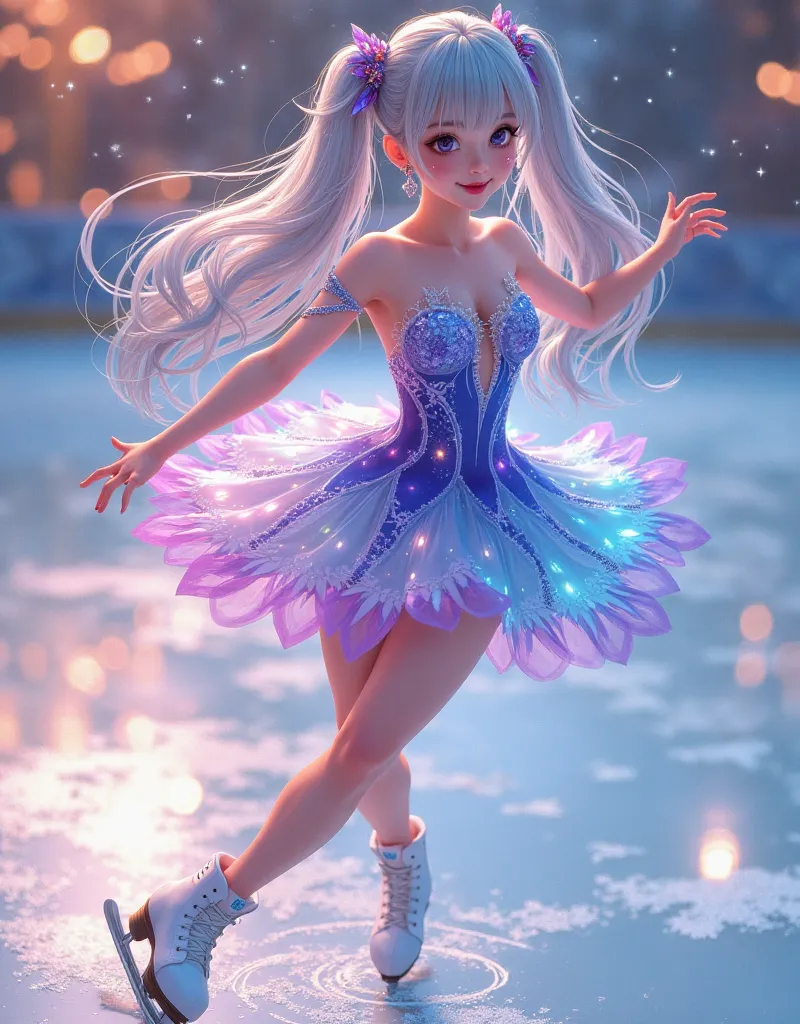   long silver hair 、beautiful girl with twin tails、figure skater、 very beautiful girl ,   full body view,  earrings,  Dancing on ice  , ("  figure skaters"), (dynamic:1.3), (Beautiful mini dress:1.5), blue purple pink , (  light up), (smile:1.3), 8k high r...