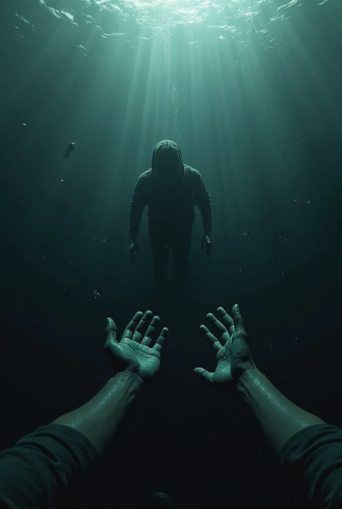 man submerged at the bottom of the dark and cold ocean, First-person perspective where you can see the arms and hands of the protagonist 