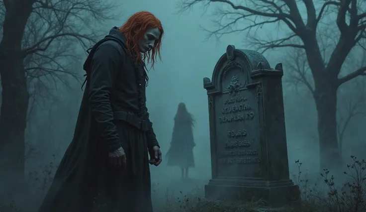 A haunting and emotional horror-style image of ArkhangeL standing alone in front of a tombstone. He has long red hair and piercing blue eyes, his face filled with sorrow as tears stream down. His posture is solemn, his hands clenched as he mourns. The tomb...