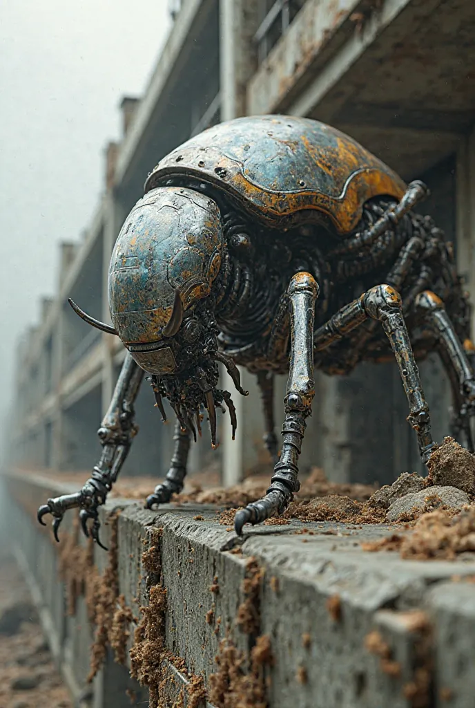 Biomechanical insect resting its claws on the tip of an abandoned building 
