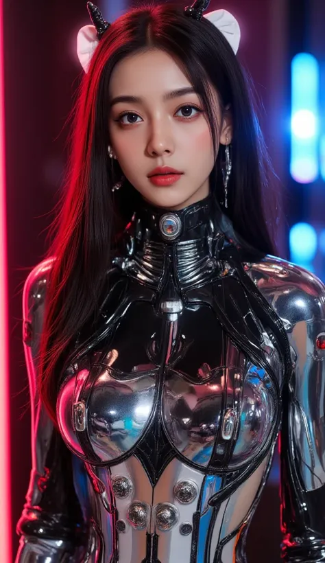 masterpiece、((Black metallic sweater))、 (( plug suit )), ((Beautiful Girl:1.2))、I don&#39;t&#39;T&#39; have no arms.、Mechanized body、Mechanized chest and abdomen、Mechanized back of the head、 form-fitting mech-leg rack metallic suit、 standing、Tied up、金属 rob...