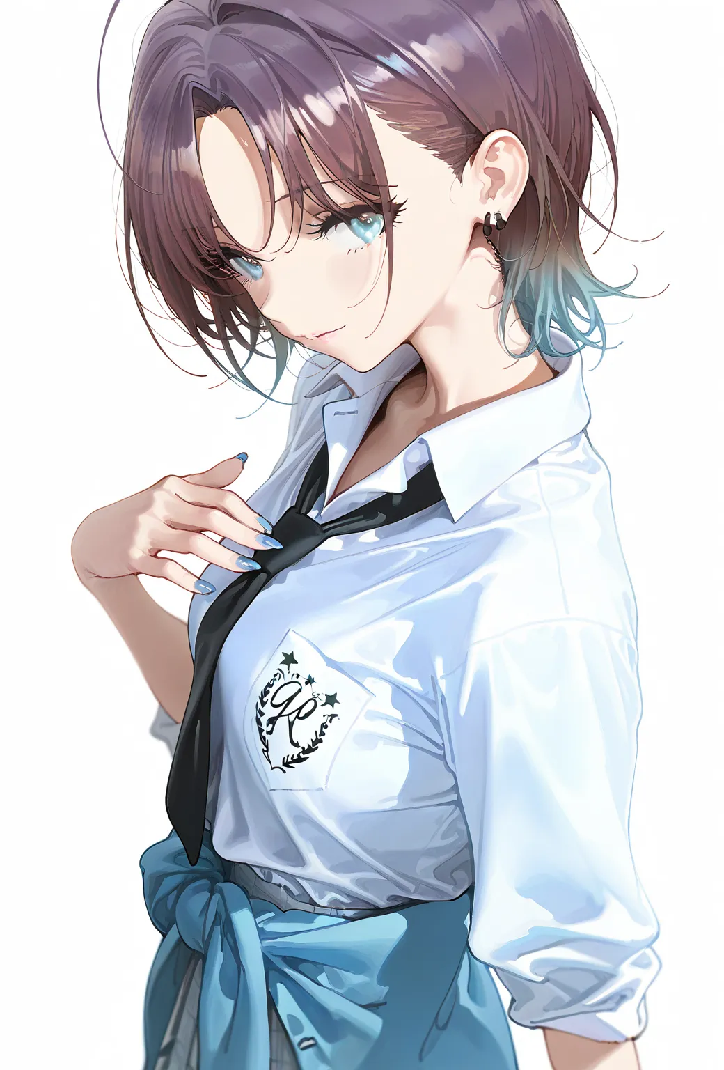 1girl, asakura toru, idolmaster shiny colors, ame \(uten cancel\), pako \(pakosun\), modare, from side, from above, heat tilt, black necktie, blue cardigan, blue eyes, blue nails, brown hair, clothes around waist, dress shirt, earrings, gradient hair, hand...