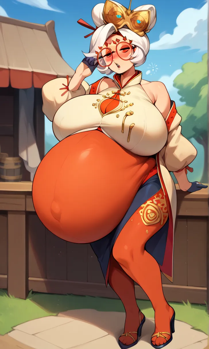 score_9, score_8_up, score_7_up, score_6_up, score_5_up, score_4_up, (source_anime), purah, 1girl, huge breasts, ((belly stuffed)), ((huge belly)), ((Very drunk)), ((staggers)), (tight clothes), thick thighs, solo focus, outdoors, hair ornament, red headba...