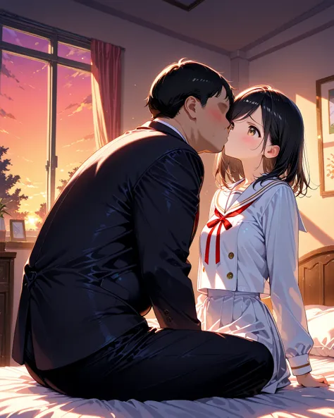 masterpiece, best quality, high quality, highres,

black hair, medium hair, swept bangs, tareme, Round face, cute face, furrowed brow,

white sailor uniform, long sleeves, red ribbon, (small breasts:0.3),

furrowed brow,

Girl's room, Sitting on the bed, E...