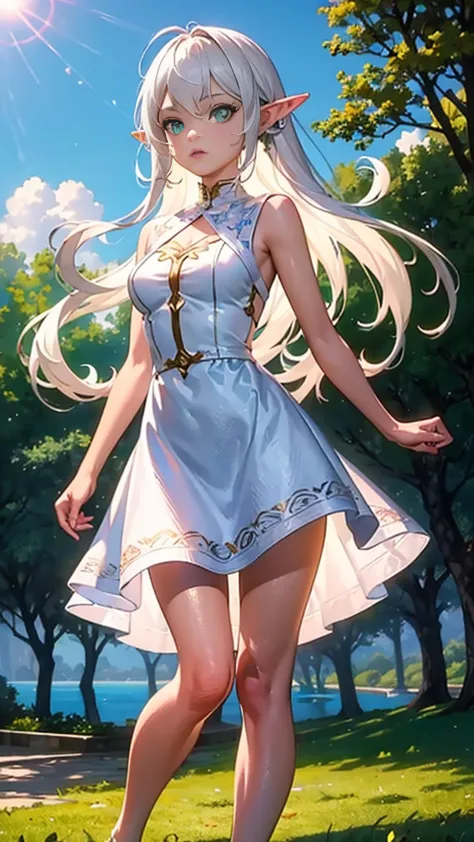 1girl, Female Elves (White dress 100% ) feet bare small tits WHITE HAIR A  girl Standing Masterpiece, Anatomically Correct, (Green eye 100%) From Suave Anime CG Art, 