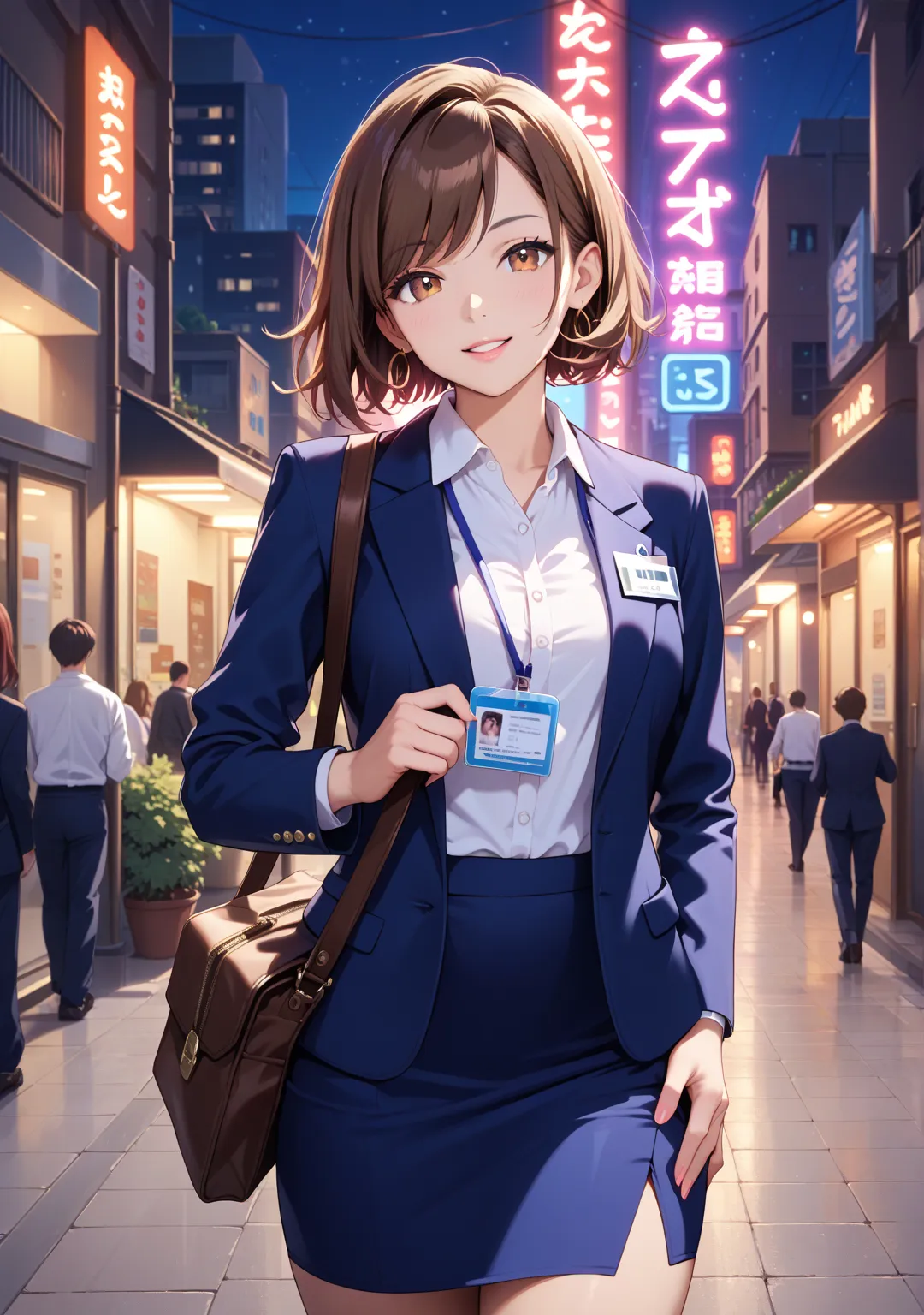 Town,Selfie,nsfw,office lady,one girl,short hair,straight hair ,brown hair,brown eyes,swept bangs,white shirt, dark blue skirt, dark blue blazer,walk,id card holder,bag,night,繁華Town