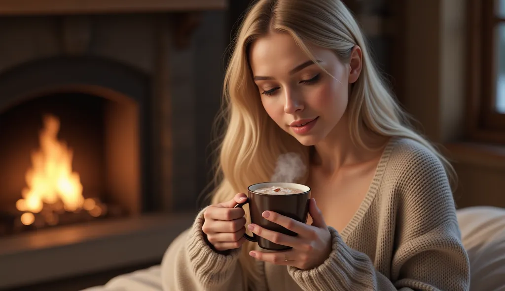 Thick blonde in a cozy, oversized sweater dress, sipping hot cocoa by the fireplace with a warm smile.