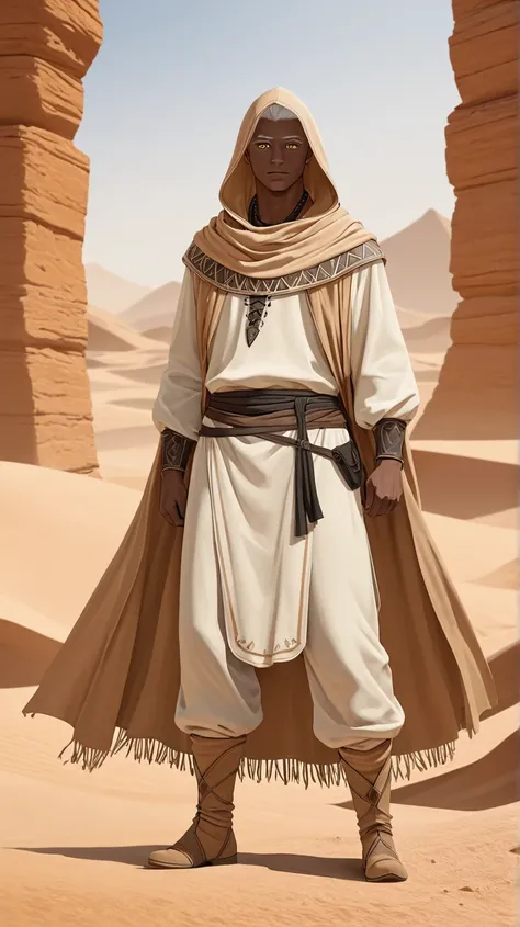 Full body fantasy art. Male RPG cleric character, brown skin, gold eyes, white hair, wearing a long-sleeved wide desert tunic, wearing harem pants, wearing desert boots, wearing a Scarf on his neck, wearing a hood. his clothes are white with black details.