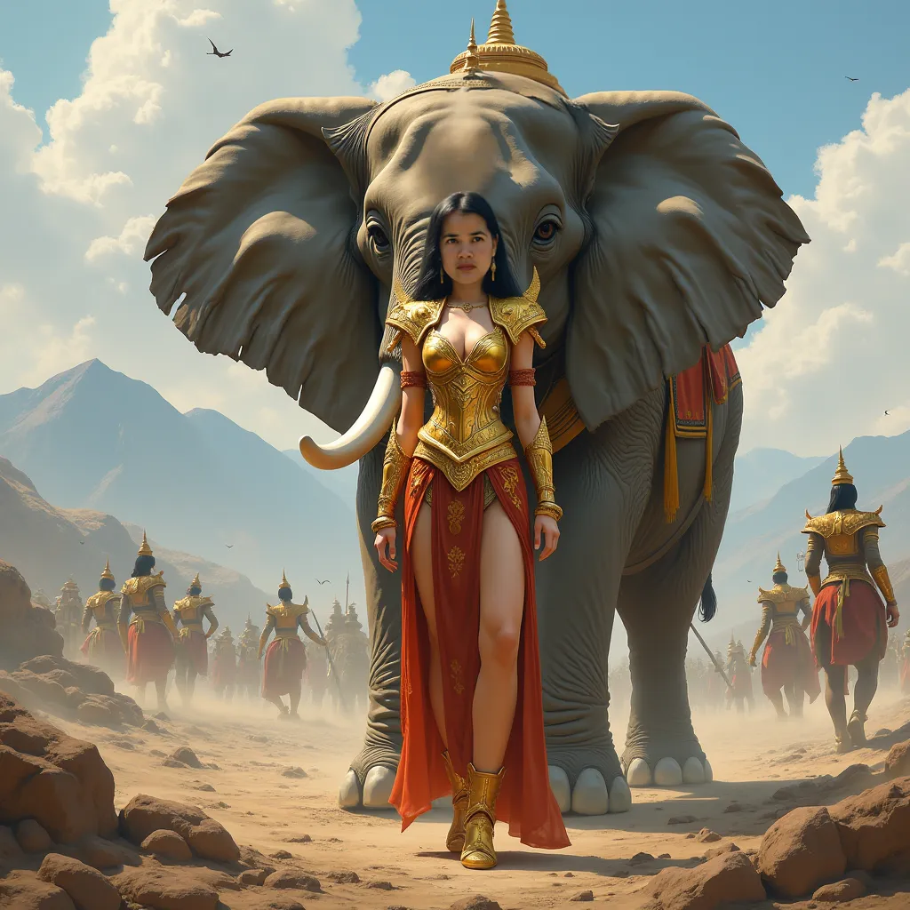 A realistic picture of Nareerat a beautiful thai girl is an elegant golden warrior armor standing in the battle feild with an elephant.