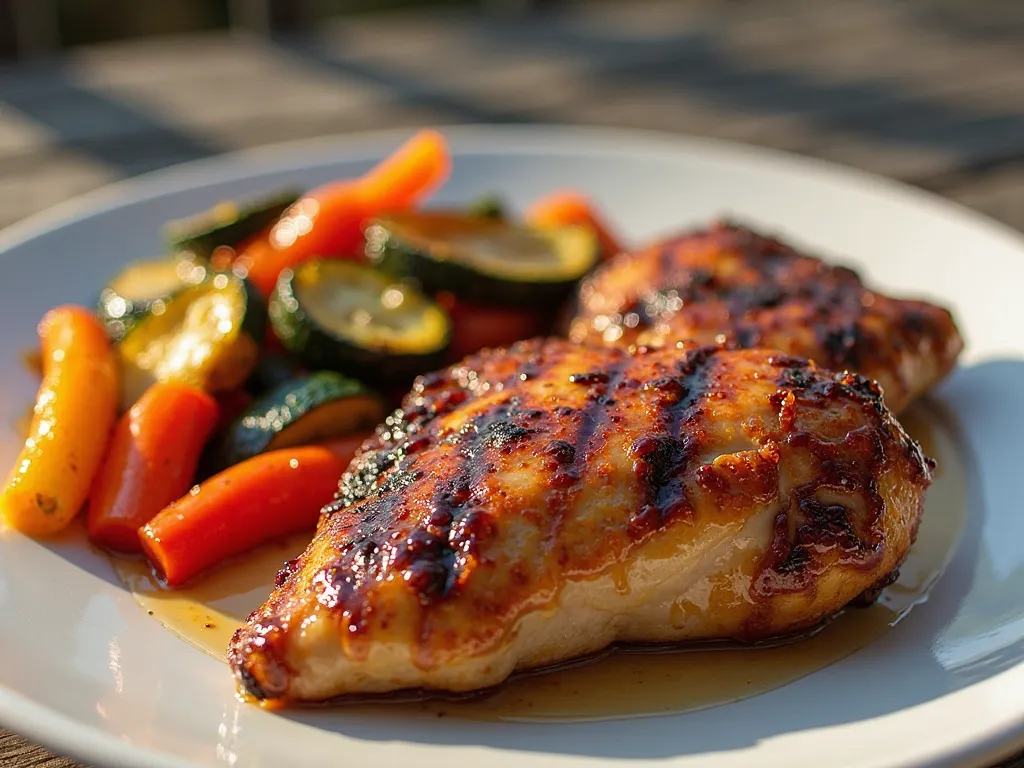 A plate of juicy honey-glazed grilled chicken, served with a medley of roasted vegetables including bell peppers, zucchini, and carrots. The glaze shimmers under the golden sunlight, and a blurred outdoor wooden deck enhances the cozy home-cooked atmospher...