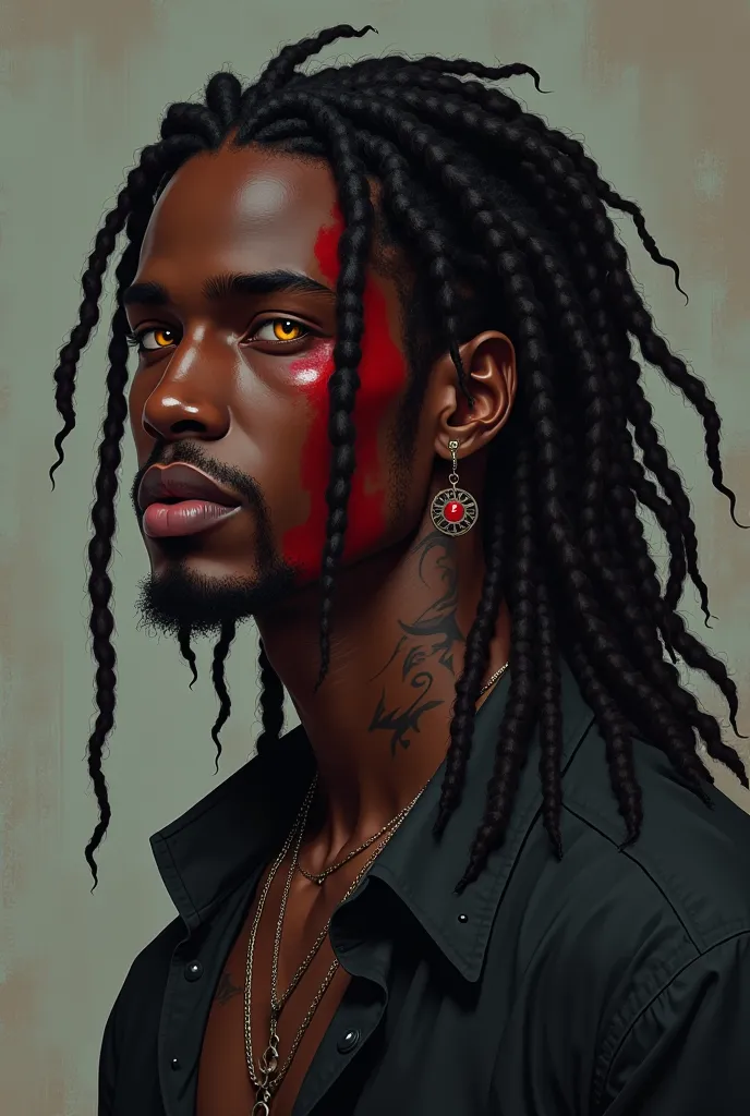 a 29-year-old black male character with vitiligo, heterochromia (one eye yellow amber and the other red scarlet) e com dreads longos obs: Make an image from the neck up and in the art style of the RPG Paranormal Order