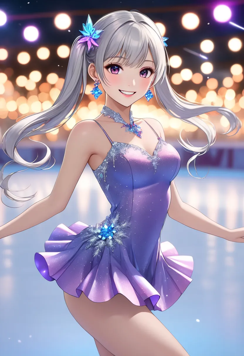 Long silver hair 、beautiful girl with twin tails、figure skaters、  very beautiful girl ,     full body view,  earrings,  Dancing on ice   , ("  figure skaterss"), (dynamic:1.3), (Beautiful mini dress:1.5), blue purple pink , (  light up), (smile:1.3), 8k hi...