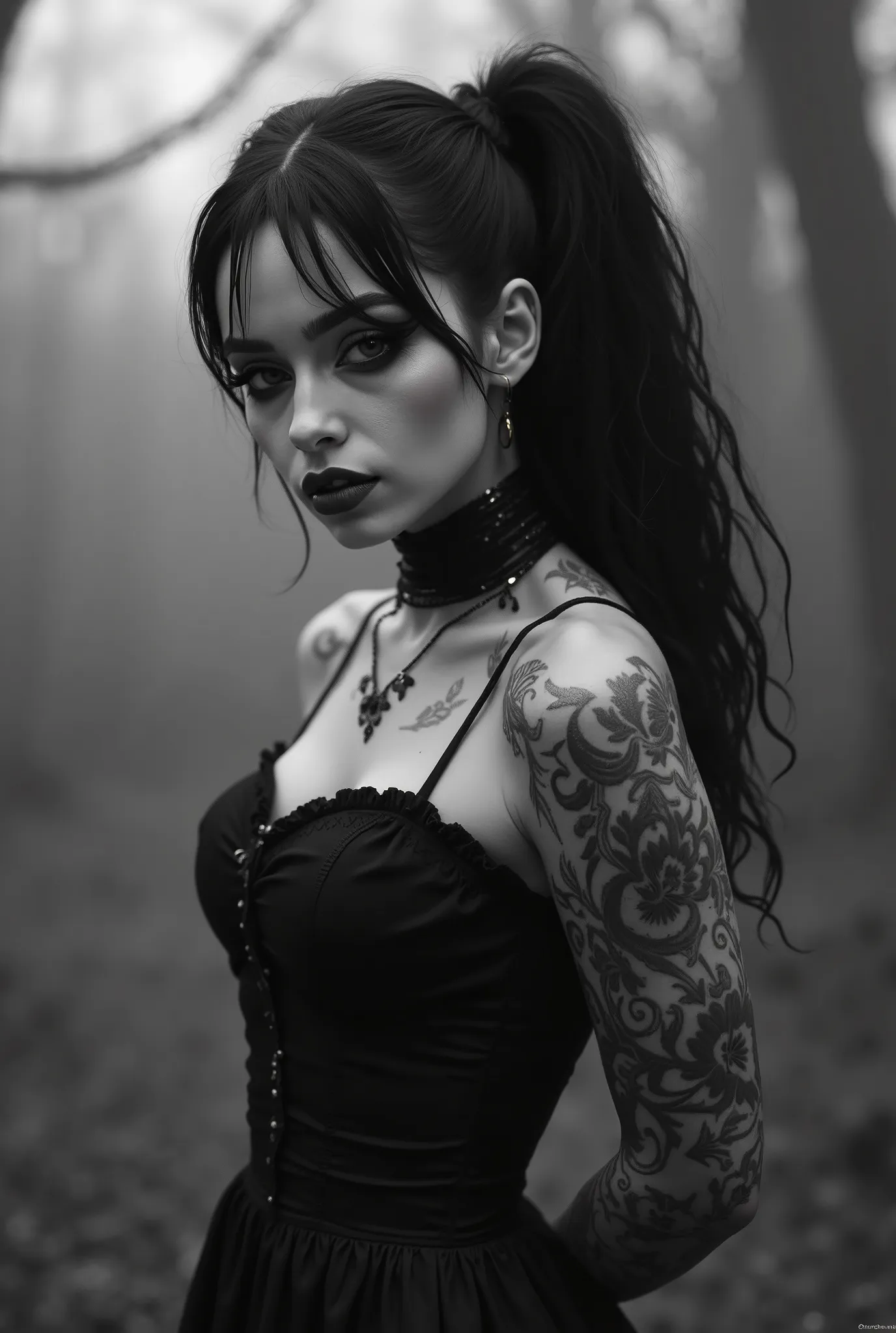 wide angle, Dutch Angle, black and white photorealistic upper body portrait image, depicting a petite woman with dark gothic hair and tattoos. Straight on portrait, shoulders back, hands are clasped behind her, evocative makeup false eyelashes matching lip...