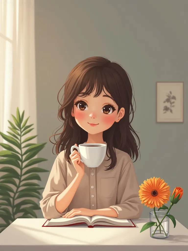 Woman drinking coffee at white table　Remembering a fun date with a loved one、An expression that conveys a feeling of happiness　On the desk１Gerbera flowers in the book　Calm space