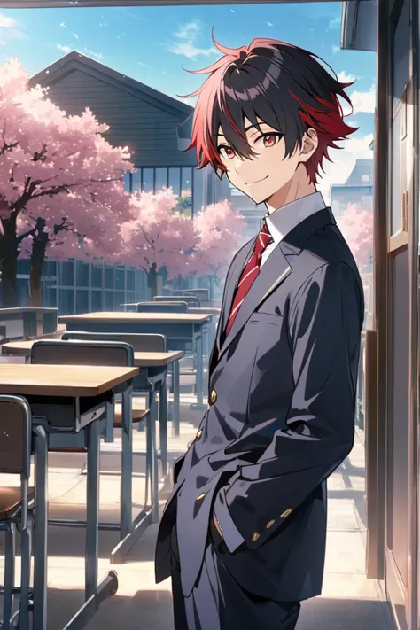 Male Anime Characters, Black Hair, Red Hair, Blue, Red Eyes, Wearing School Male School Uniform.Black Japanese tip standing alone with a smile,The classroom background with cherry trees makes the cover brighter