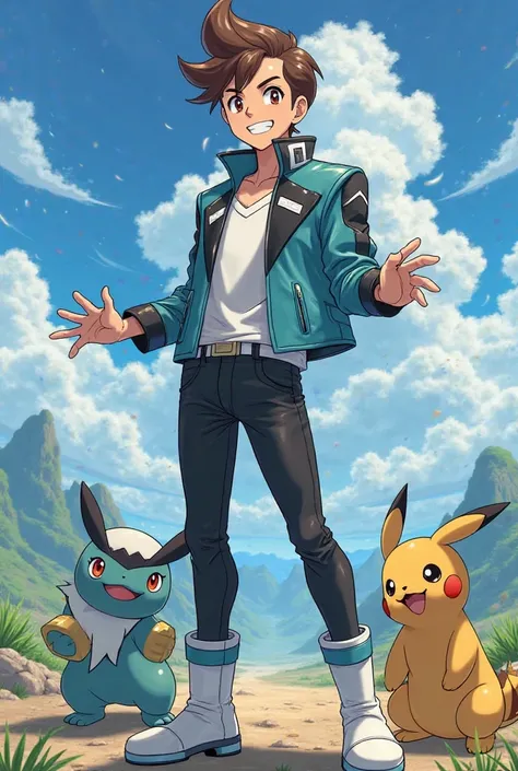 **"Create a full-body illustration in the Pokémon anime style, portraying a Pokémon Champion in a moment of happiness when reconnecting his team. The character must be shown from head to toe,  uncut , to allow easy subsequent editing.

He is a young white ...