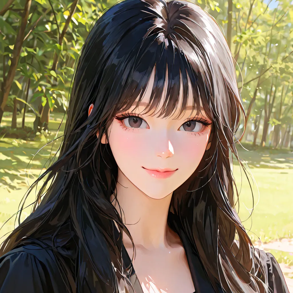  beautiful, black hair, smile, 1 girl, ((detailed and vivid eyes)), (( Dark eyes )), realistic eyes, long hair, dark black hair,  mainly for women,  pretty girl,  Korean Comic Style  ,  semi-realistic art  ,  semi-realistic art  style, expressive brushwork...