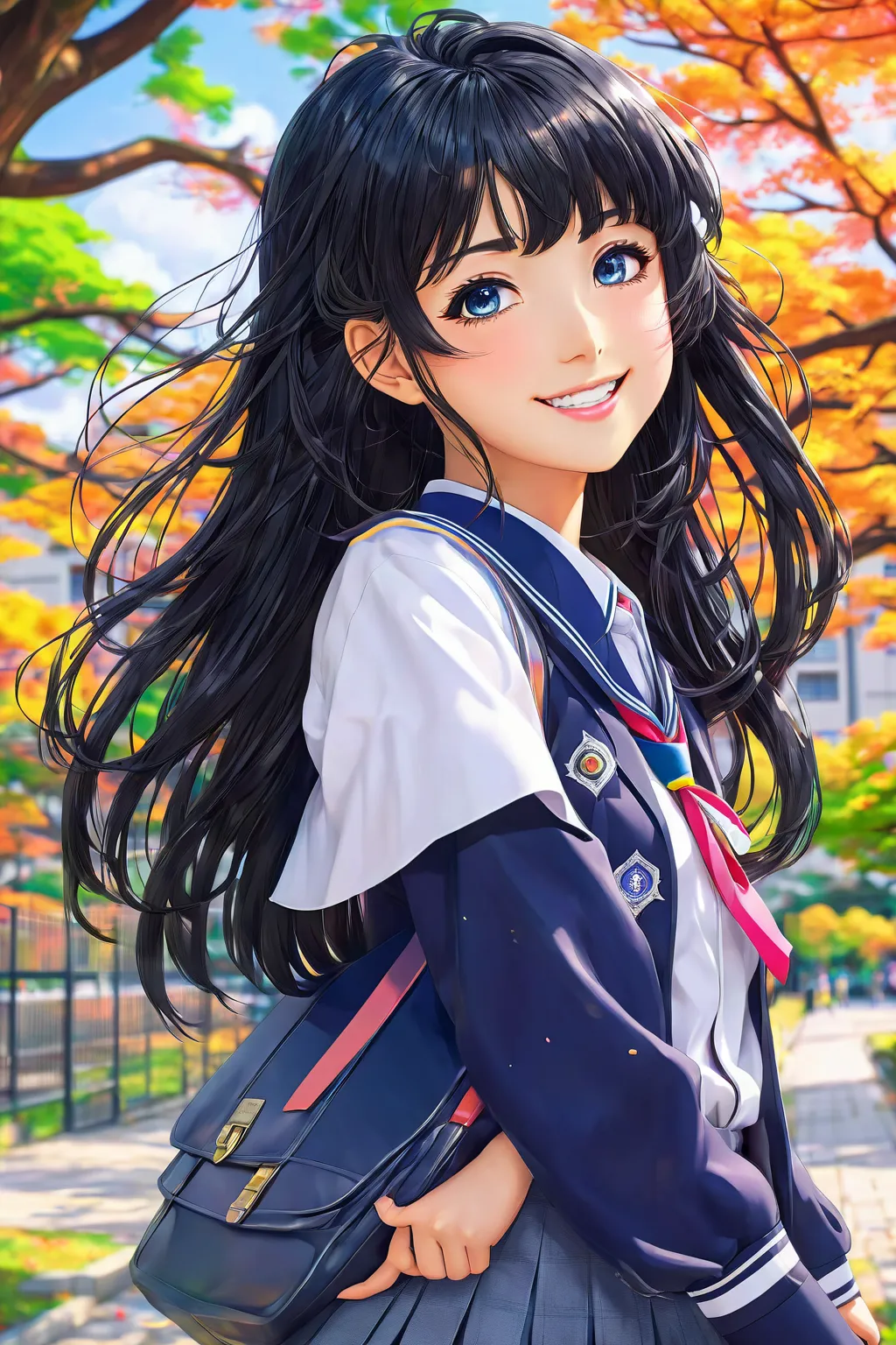 hellow 

BREAK 24k quality, absurdres, masterpiece, (anime style:1.5), (vivid color:1.4), (colorful:1.4)

BREAK a school girl, (black medium hair), (adjusted hair:1.6) (gray eyes), (sacred face:1.4), (graceful smile), (perfectly detailed face:1.2), high sc...