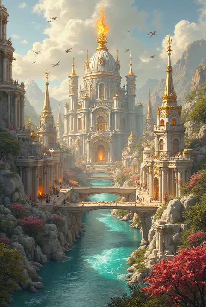 Fantasy capital city of DawnValley, a radiant metropolis of gleaming white marble and gold, nestled in a lush valley. Towering spires and domed palaces glow with magical energy, including the grand royal palace in the background—a colossal structure with c...