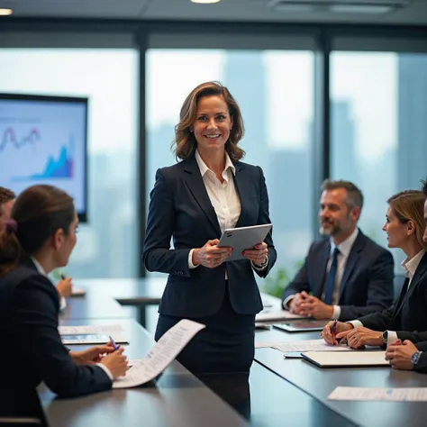 A professional and confident woman standing at the head of a sleek, modern boardroom table, surrounded by other executives. She is dressed in a sharp business suit, holding a tablet or documents, and leading a discussion. The room is well-lit with large wi...