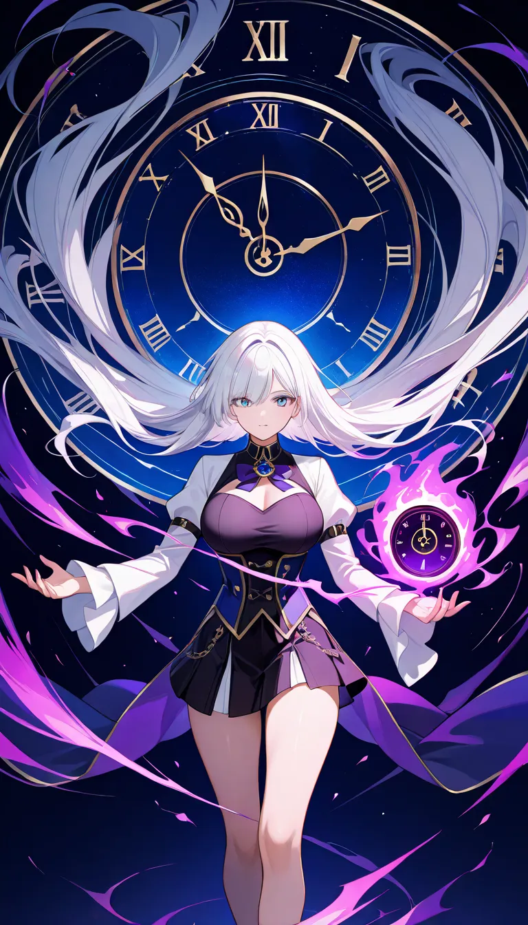 clock、黒 Purple Magic  ,  Purple Magic  , white-haired short-haired woman ,