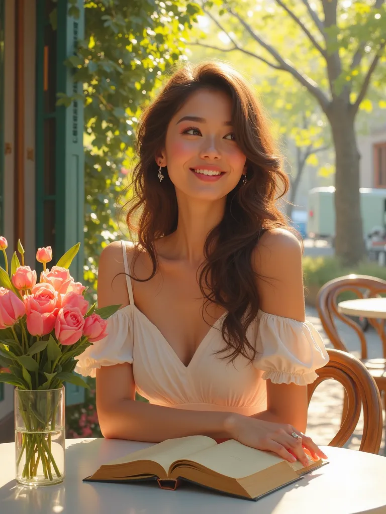 Girl waiting for her boyfriend on the cafe terrace　A happy spring day that makes you excited for an upcoming date　On the table１Book Flowers