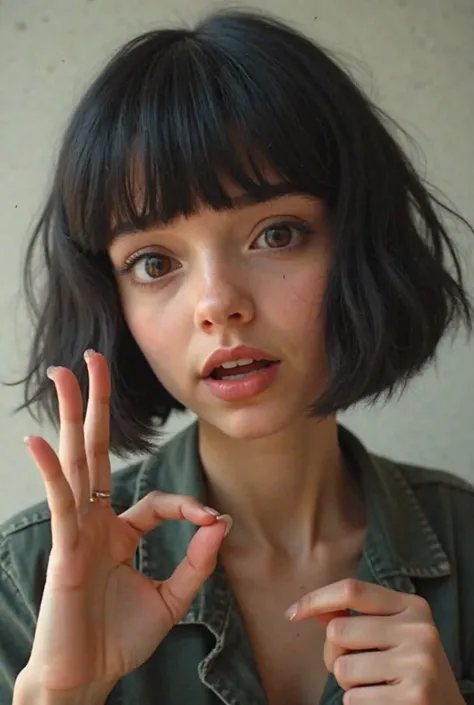 Realistic image of Ágatha, a 20-year-old Brazilian woman with short, straight black hair styled like Matilda from Léon: The Professional, with bangs lightly framing her face. She is speaking in a calm and engaging manner, tilting her head slightly to the s...