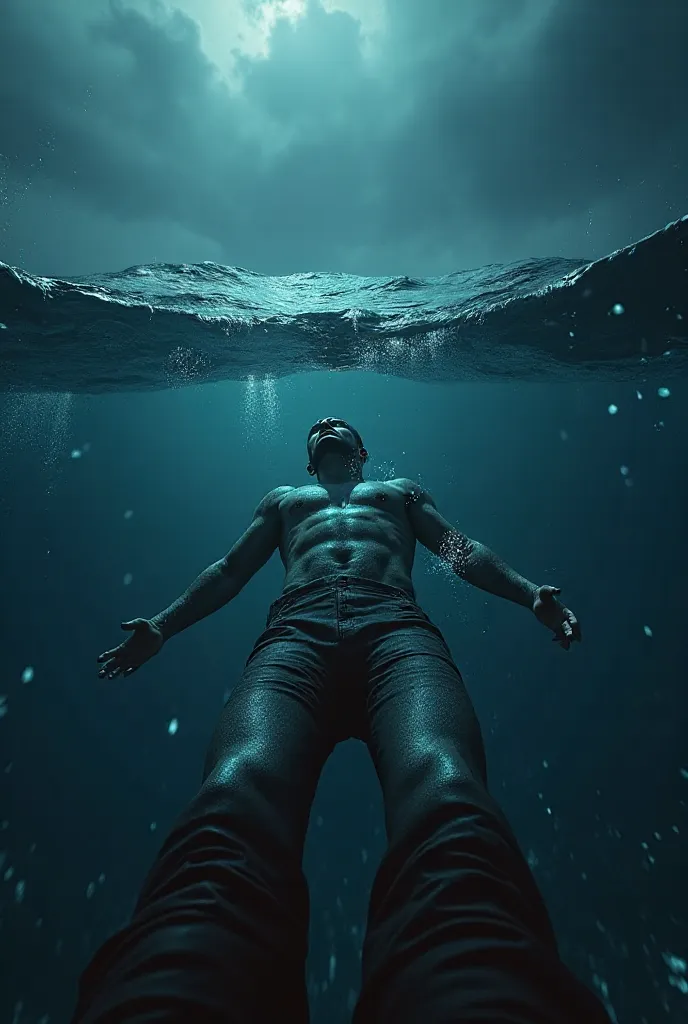 man submerged at the bottom of the dark and cold ocean, drowning, First-person perspective where you can see the arms and hands of the protagonist 