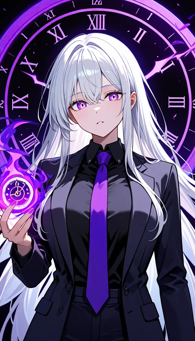 clock、黒 Purple Magic  ,  Purple Magic  , white-haired short-haired woman , black suit, black shirt and purple tie, 